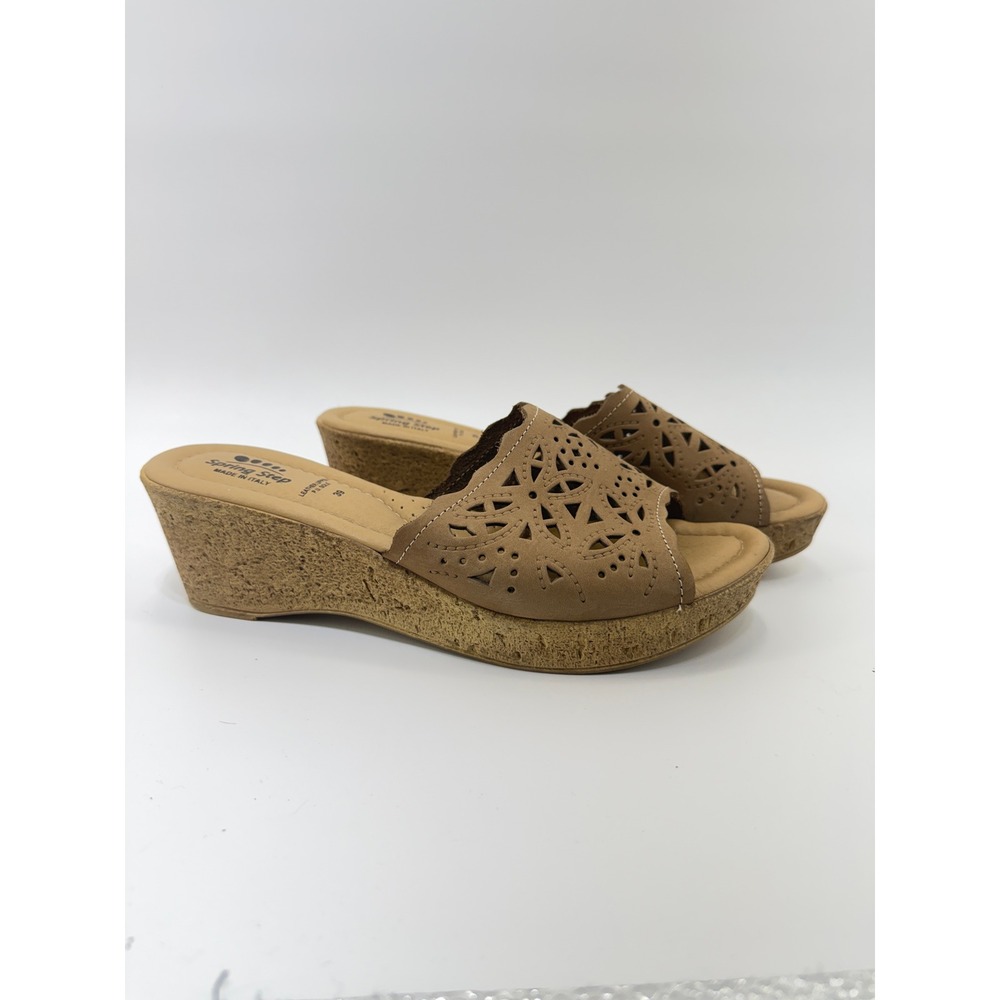 Spring Step Estella Cork Wedge Sandals Women 39/8.5 Tan Laser Cut Leather Italy